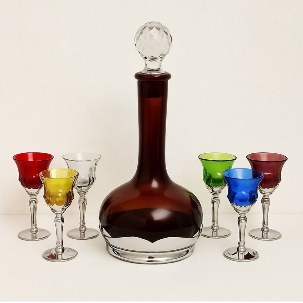 Vintage Farber Bros. Ruby Red Decanter Set w/ 6 Cordial Glasses